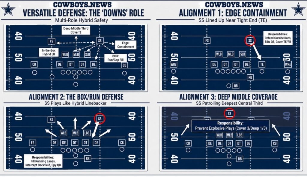 Illustration showing Caleb Downs' projected defensive alignments in the Cowboys' scheme.