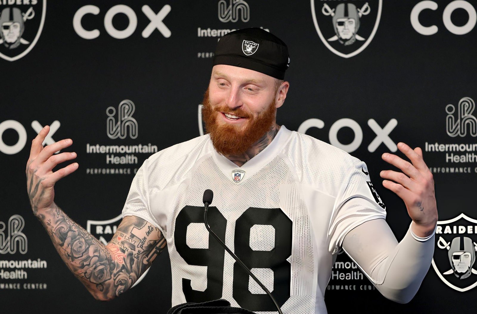 Maxx Crosby #98 of the Las Vegas Raiders attends a news conference after an OTA offseason workout at the Las Vegas Raiders