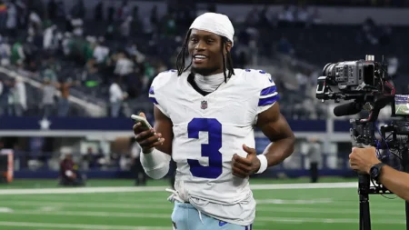 George Pickens #3 of the Dallas Cowboys walks off the field after the game against the Philadelphia Eagles in the game at AT&T Stadium in Arlington, Texas. The Cowboys won 24-21.