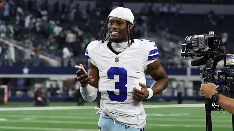 George Pickens #3 of the Dallas Cowboys walks off the field after the game against the Philadelphia Eagles in the game at AT&T Stadium in Arlington, Texas. The Cowboys won 24-21.
