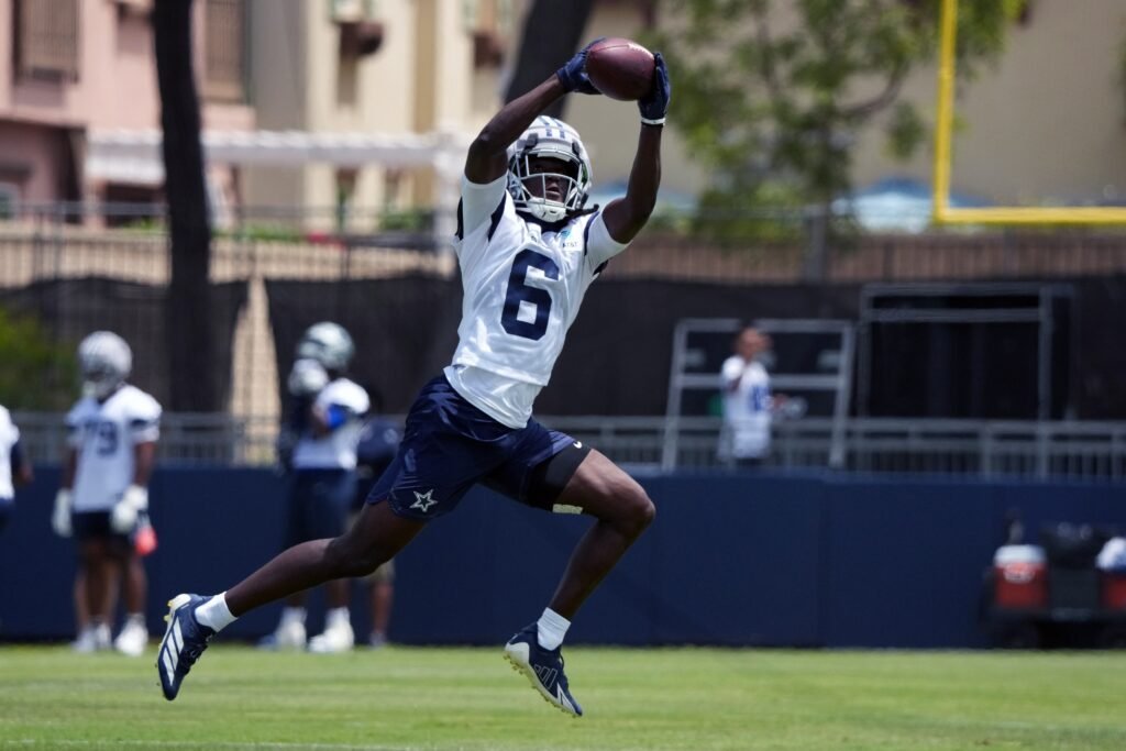 Jul 29, 2026; Oxnard, CA, USA; Dallas Cowboys receiver Camden Brown (6) catches the ball at training camp at River Ridge Playing Fields.