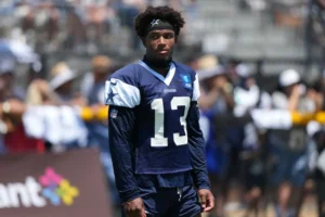 Dallas Cowboys defensive back Caleb Downs (13) at training camp at River Ridge Playing Fields.