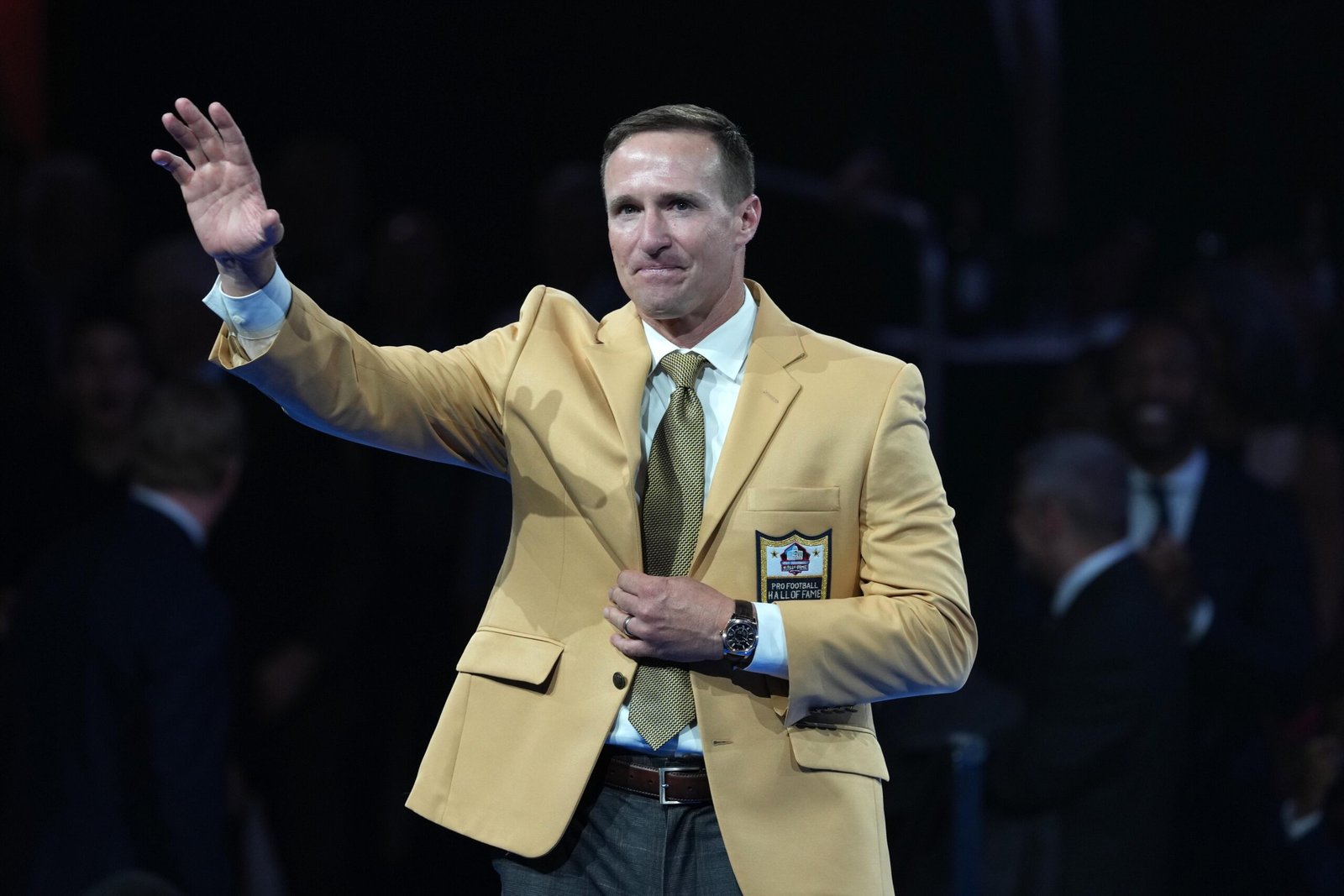 Drew Brees reacts during the Pro Football Hall of Fame Gold Jacket