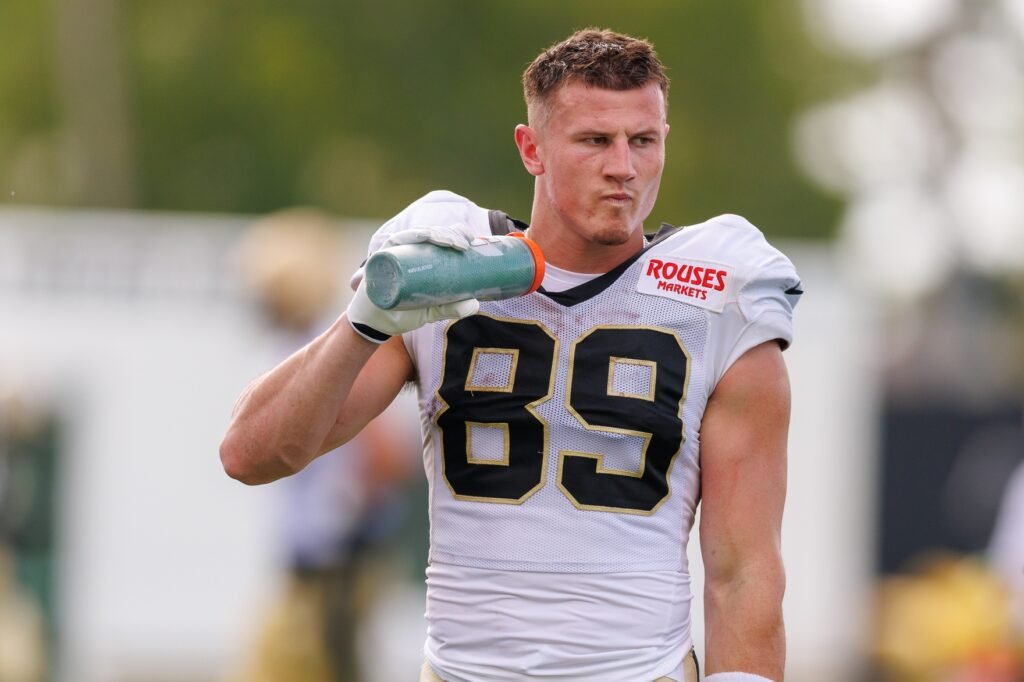 Aug 08, 2026; Metairie, LA, USA; New Orleans Saints wide receiver Brock Rechsteiner (89) during training camp at Ochsner Sports Performance Center.