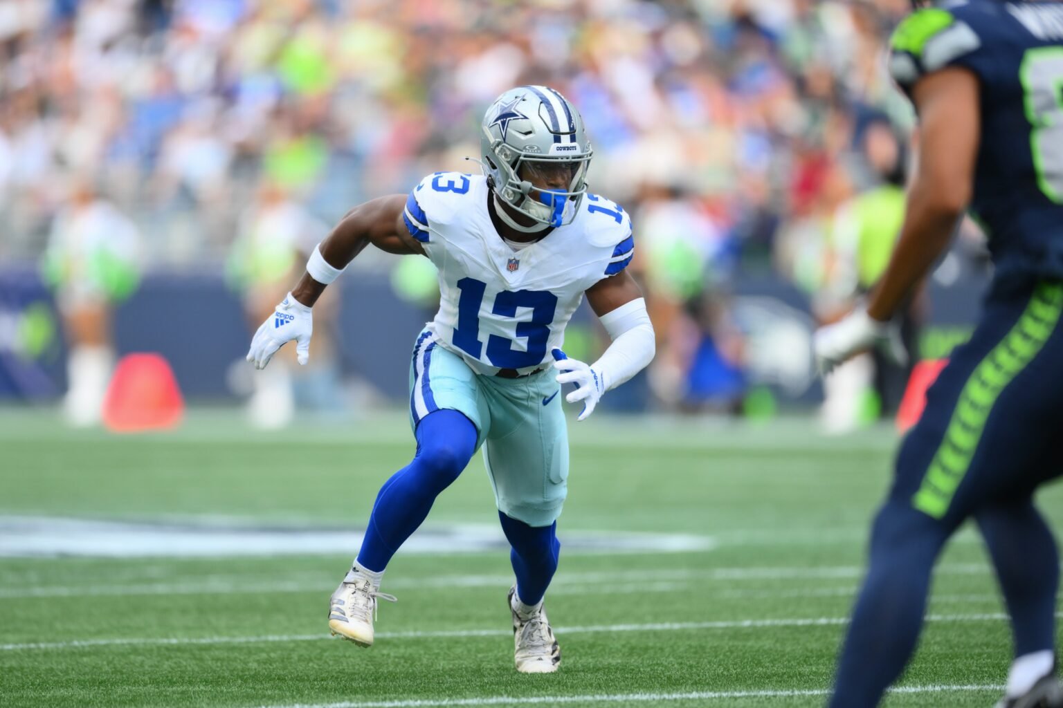 Aug 15, 2026; Seattle, Washington, USA; Dallas Cowboys safety Caleb Downs (13) during the first half against the Seattle Seahawks at Lumen Field