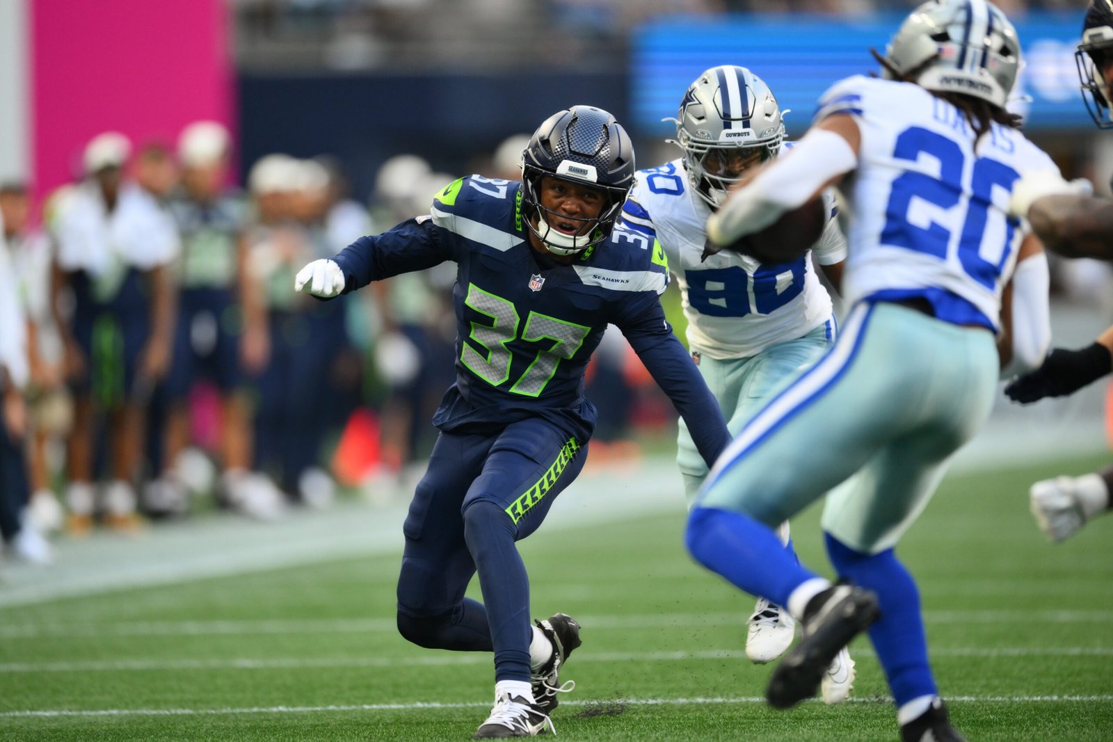 Aug 15, 2026; Seattle, Washington, USA; Seattle Seahawks cornerback Michael Dansby (37) plays defense against the Dallas Cowboys during the second half at Lumen Field.